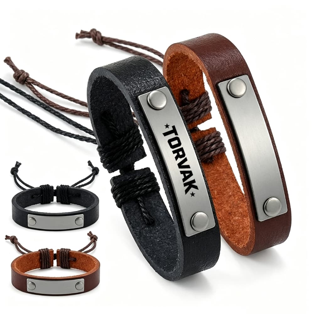Leather Bracelet w/ Metal Plate - Brown